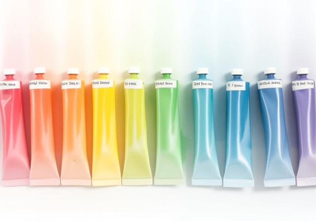 A series of Niji Enogu acrylic paint tubes arranged in a spectrum of colors.