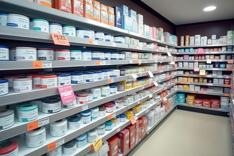 A well-organized retail display shelf showcasing Niji Enogu paint products.