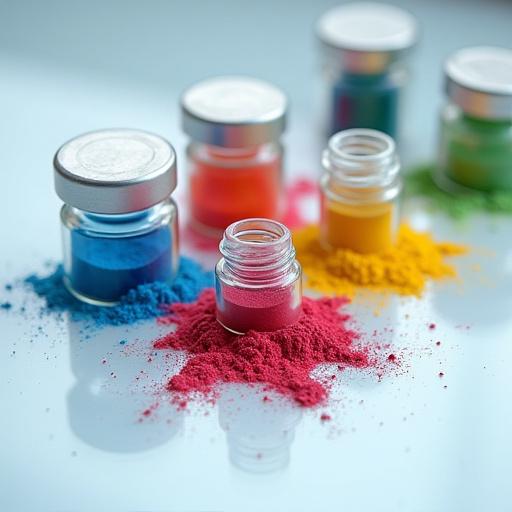 Vials of colorful raw pigment powders arranged neatly in a research lab.