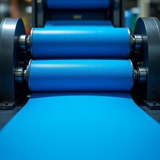 A close-up of a three-roll mill machine processing a vibrant blue pigment.